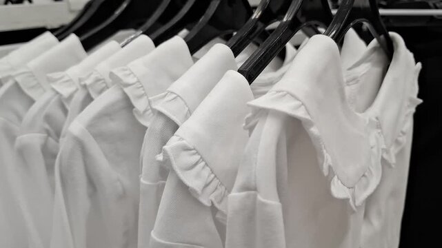 White blouses with turn‑down collar and ruffles on a hanger, elegant fashion styling, feminine apparel, classic wardrobe, delicate design, and retail clothing. Clothing for schoolgirls.