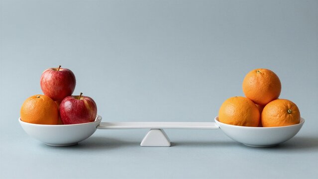 A balanced scale with apples and oranges in bowls against a calm blue background, symbolizing choice or comparison.