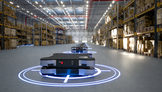 A robotic automated guided vehicle transports goods in a modern warehouse.3D rendering.