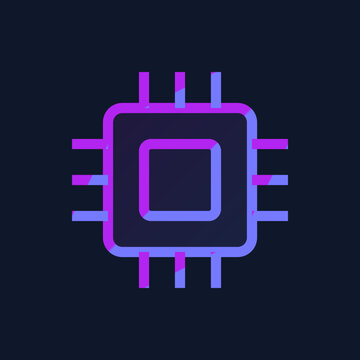 A digital microchip processor icon featuring purple and blue glowing gradients on a dark illustration