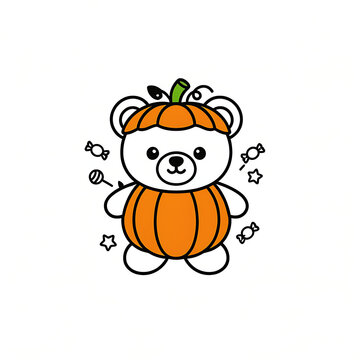 Charming teddy bear wearing a pumpkin hat and body suit surrounded by floating candies and stars created with generative ai. 
