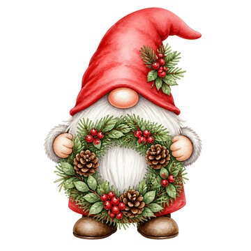 Adorable gnome holding a Christmas wreath decorated with berries and pinecones, watercolor clipart, isolated on white background