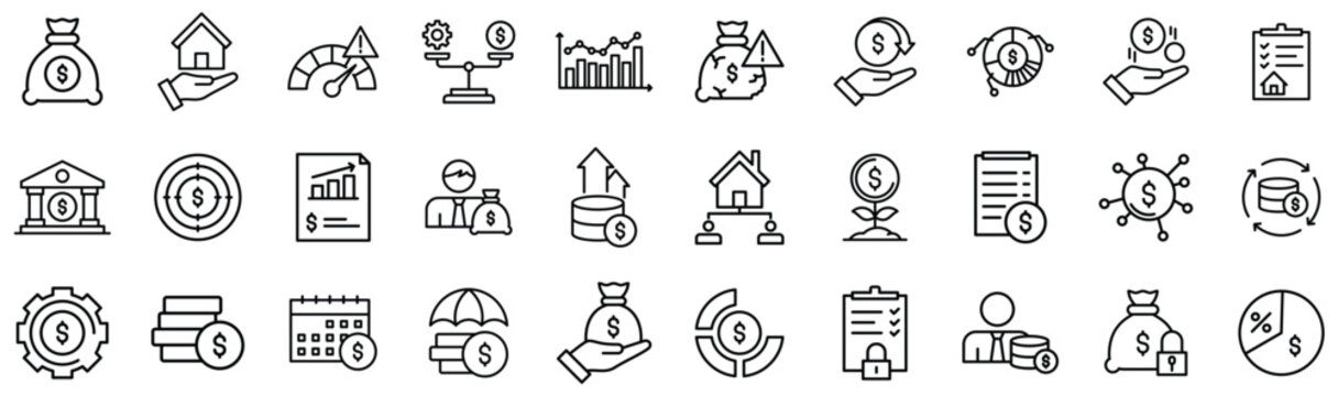 Wealth Management, Finance, anf Investment line icon collection with Banking, Money Management and Financial Security Outline Icon Set