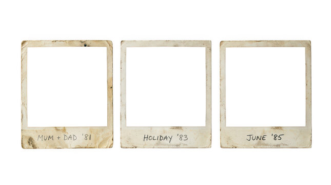Set of three vintage instant film frames isolated on transparent background