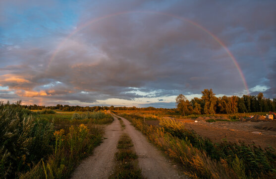 A magnificent and beautiful rainbow after an evening rainfall