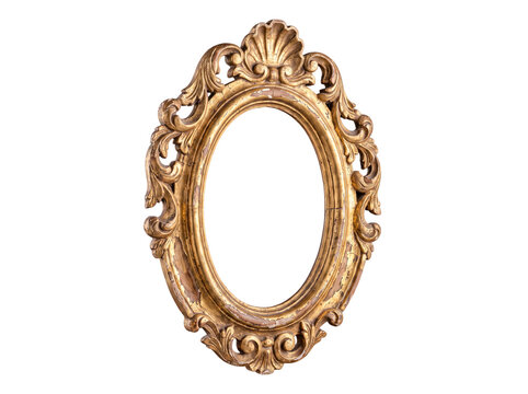 Vintage ornate gold oval picture frame with shell motif, distressed antique finish, isolated on transparent background.