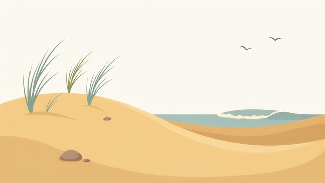 Flat vector illustration of sandy dunes with beach grass and a distant ocean wave with minimalist landscape illustration