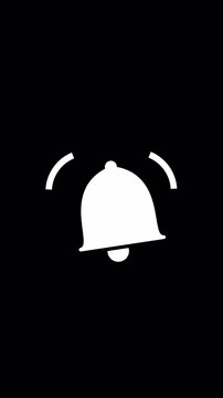 Simple white ringing bell notification icon animation on a black background for vertical video projects with alpha channel capability for alerts and reminders
