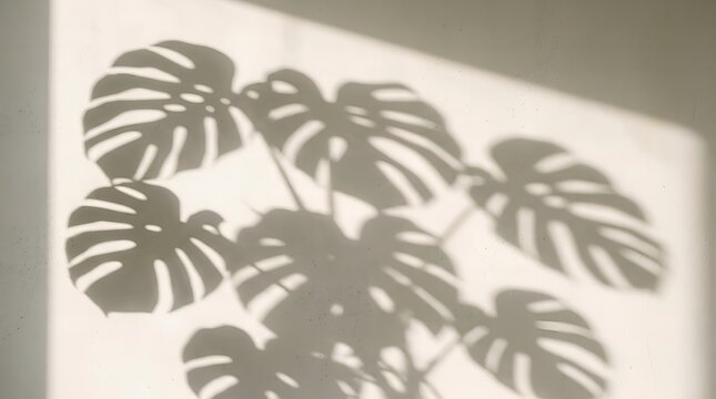 Tropical monstera leaf shadow overlay on plaster wall in morning light