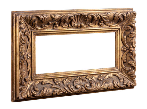 Antique rectangular gold picture frame with elaborate baroque scrollwork, isolated on transparent background.