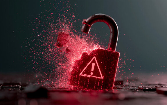 Cybersecurity Breach with Broken Padlock and Red Digital Warning Alert
