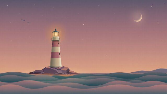A striped lighthouse glowing on a rocky island in the middle of a calm sea at night with vector illustration striped