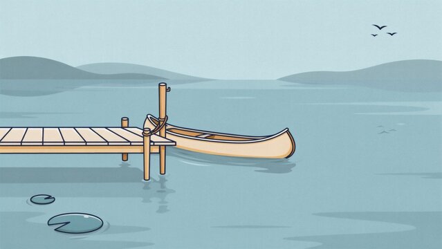 A wooden canoe tied to a small pier on a calm lake with distant hills with vector illustration small moored simple wooden