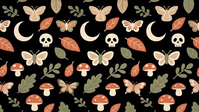 Seamless pattern with gothic aesthetic featuring butterflies skulls mushrooms and moons.