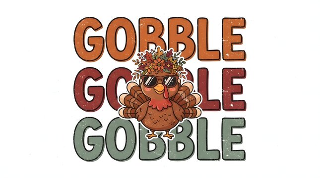 A festive and colorful thanksgiving turkey cartoon illustration featuring the funny text gobble gobble gobble designed for holiday greeting cards and seasonal autumn celebration party