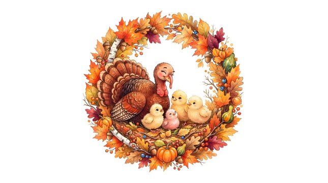 A festive thanksgiving turkey cartoon illustration featuring a cute bird surrounded by a beautiful wreath of colorful autumn leaves pumpkins and seasonal harvest fall decorations