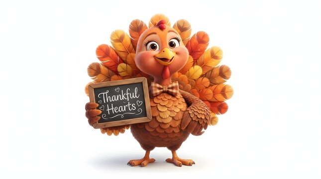 A cute thanksgiving turkey cartoon character holding a small chalkboard sign with a friendly smile isolated on a white background for your holiday season design