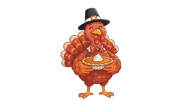 A cute thanksgiving turkey cartoon character wearing a traditional black pilgrim hat isolated on a white background for festive holiday season design and celebration projects