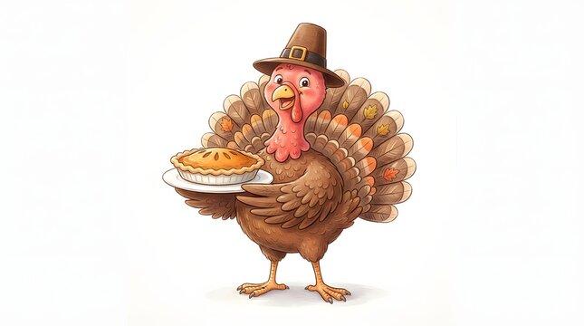 A festive thanksgiving turkey cartoon character wearing a traditional pilgrim hat and holding a delicious freshly baked pumpkin pie isolated on a clean white background