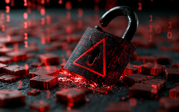 Cybersecurity Breach with Broken Padlock and Red Digital Warning Alert