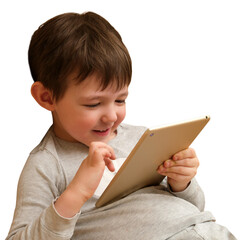 Child boy using digital tablet for entertainment. Happy kid touching screen of mobile device. Early education and modern home interior learning concept. Isolated on transparent background. © Андрей Журавлев