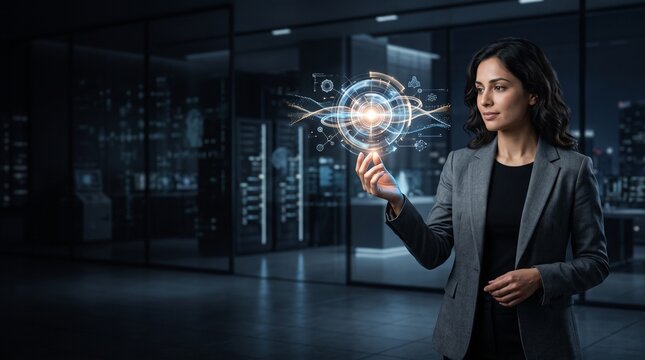 Businesswoman interacting with futuristic glowing holographic data interface in modern office environment businesswoman hologram futuristic technology interface