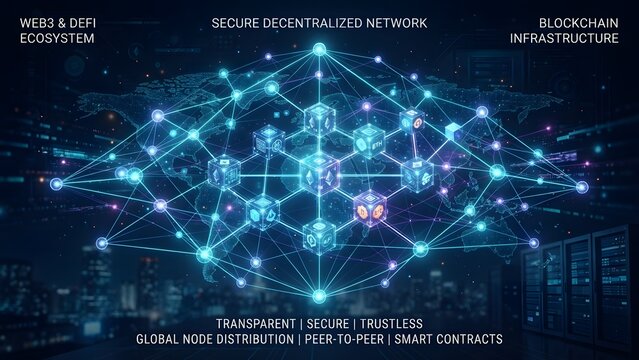 Abstract glowing decentralized network connecting nodes and cubes with cryptocurrency symbols, representing blockchain technology, web3, and defi.