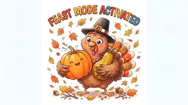 A festive thanksgiving turkey cartoon illustration featuring a cute bird wearing a pilgrim hat while holding a large orange pumpkin surrounded by colorful autumn leaves