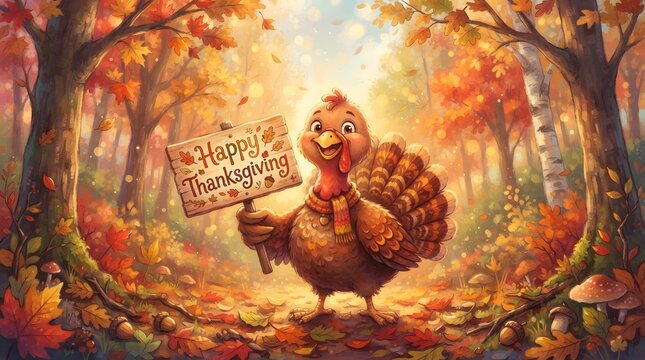A cheerful thanksgiving turkey cartoon character stands in a vibrant autumn forest holding a wooden sign while celebrating the festive holiday season with joyful spirit