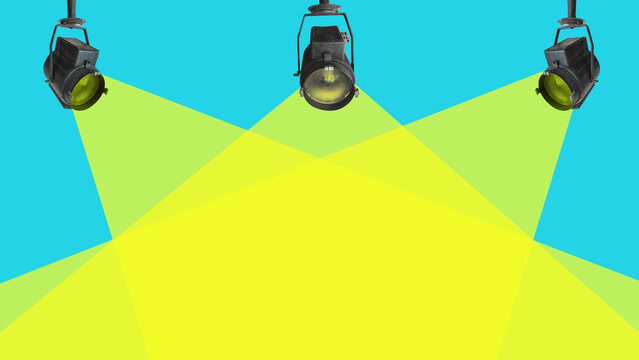 Flat design. Retro big stage light, searchlight with spot light - film camera. Vintage cinema poster with copy space.
