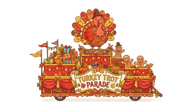 A festive thanksgiving turkey cartoon illustration featuring a colorful parade float filled with happy characters celebrating the holiday season with joy and excitement for everyone