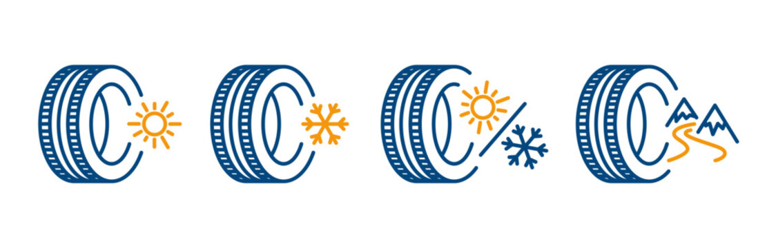 icon set contains summer and winter tires, all-season, off-road tires, and wheel types for different seasons of the year, linear icons on white background