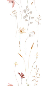 Watercolor Botanical Seamless Banner with Pink Poppy, Yellow Daisy, Dried Grasses and Lunaria on White Background. Vertical composition with hand drawn illustrations. For autumn boho or cottagecore