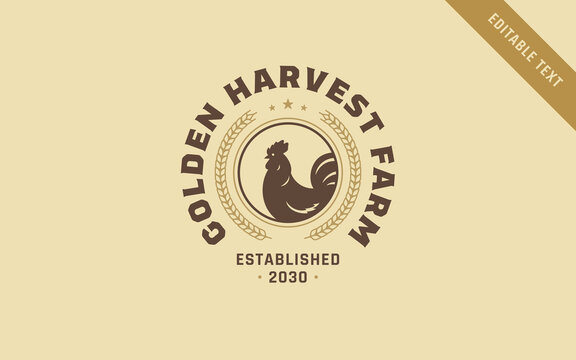 Retro poultry vector logo template with editable text presents a clean cockerel silhouette. Circular wheat framing and arched lettering establish a balanced rustic emblem for organic food