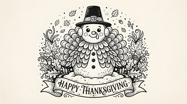 A festive black and white thanksgiving turkey cartoon illustration featuring a cute pilgrim bird wearing a hat surrounded by autumn leaves and seasonal holiday decorations