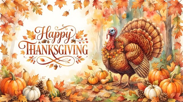 A beautiful watercolor illustration featuring a festive thanksgiving turkey cartoon character surrounded by vibrant autumn leaves pumpkins and a decorative happy thanksgiving greeting text sign
