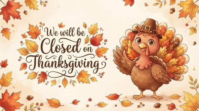 A festive thanksgiving turkey cartoon illustration featuring a cute bird surrounded by colorful autumn leaves and a sign announcing that we will be closed today