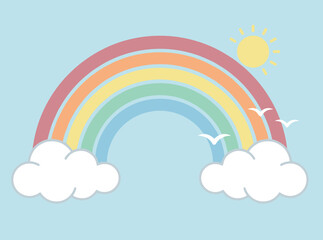 Fototapeta premium Minimalist vector rainbow features clouds, sun and flying seagulls against a blue background. Ideal for nursery prints, children apparel, and greeting cards.