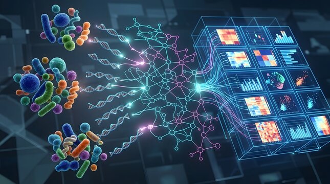 Digital biotechnology illustration showing microbiome and dna analysis
