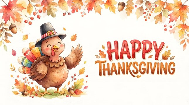 A festive watercolor illustration featuring a cute thanksgiving turkey cartoon character wearing a pilgrim hat surrounded by colorful autumn leaves and a happy holiday greeting