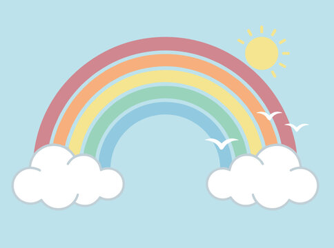 Minimalist vector rainbow features clouds, sun and flying seagulls against a blue background. Ideal for nursery prints, children apparel, and greeting cards.