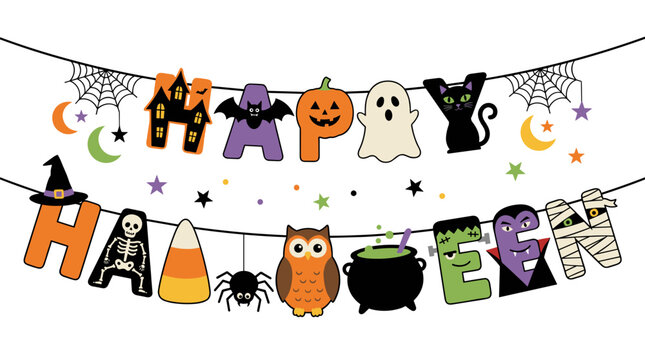 Happy Halloween bunting banner features festive letters and characters on a transparent background. Perfect for party decorations, holiday flyers, and children events.