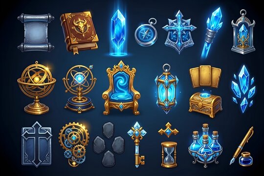 Fantasy Game UI Icon Set Featuring Magic Crystals, Potions, Chest, Books, Compass, and Keys with Golden Blue Glow Palette for RPG Asset Design