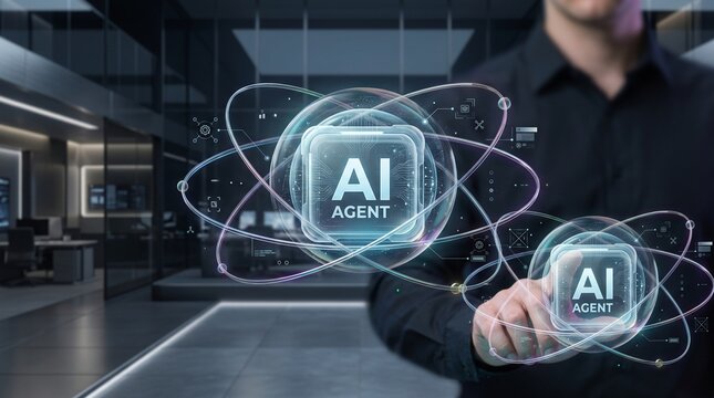Person interacting with glowing artificial intelligence agent microchip chips floating in atomic orbital structures AI agent atomic structure quantum computing
