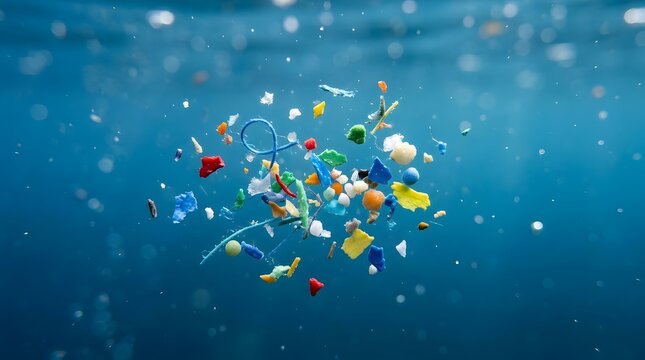 Microplastic fragments floating in deep blue water