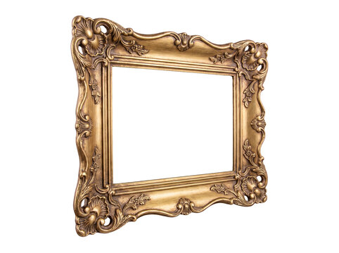 Ornate antique golden picture frame with elaborate Baroque carvings, isolated on a transparent background.