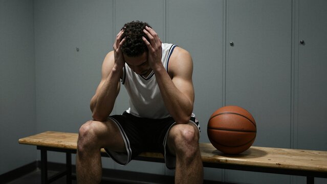 A disappointed basketball player sits alone in a locker room, head in hands, beside his ball.