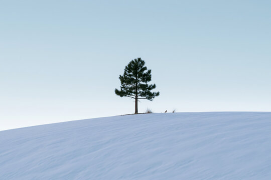 Perfect small pine tree on a smooth snow-covered slope against pale sky