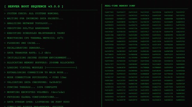 Server Boot Sequence Green Terminal Hacker Code Matrix Data Dump Screen.