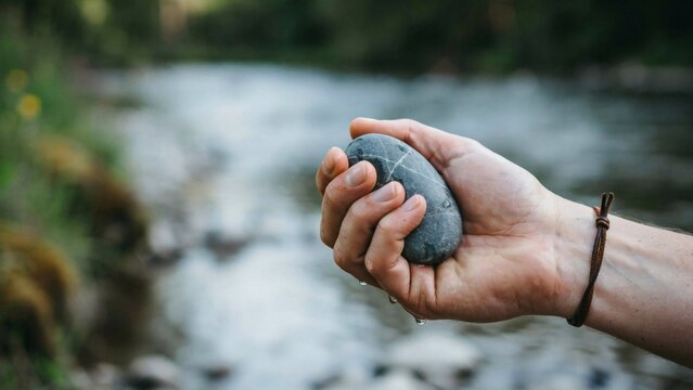 Person holding a smooth grey river stone in their hand by a flowing water stream with against blurred background